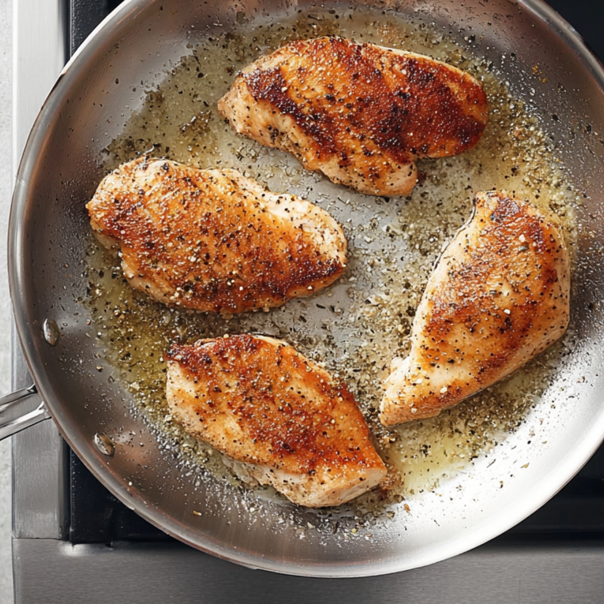 One-Pan Chicken Alfredo Recipe | Ready in 40 Minutes 10 Pan-seared chicken breasts cooking until golden brown in a skillet