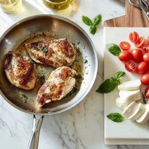 Easy Chicken Caprese Recipe (Ready in 30 Minutes!) 14 Overhead kitchen scene showing pan-seared chicken breasts in a skillet next to a cutting board with sliced mozzarella, cherry tomatoes, fresh basil, olive oil, and kitchen tools.