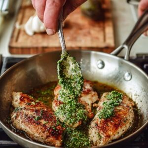 Easy Chicken Caprese Recipe (Ready in 30 Minutes!) 15 Close-up action shot of pan-seared chicken breasts in a skillet as a spoon drizzles fresh basil pesto over the golden-brown chicken.