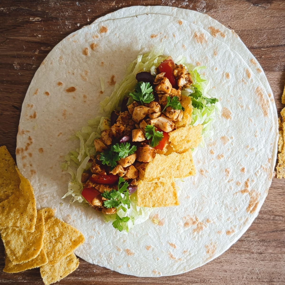 Chicken Crunch Wrap Recipe - Crispy & Ready in 30 Min 11 Overhead food photography of a tortilla wrap on a wooden board filled with crunchy tortilla chips and seasoned chicken filling, rustic kitchen setup, step-by-step recipe style, natural daylight, sharp focus, realistic textures