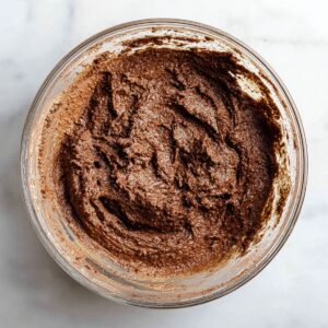 Best Chocolate Date Cake Recipe - Even Better Next Day 16 Top-down shot of thick chocolate cake batter in a glass bowl, rich brown color, visible texture, homemade baking scene, natural kitchen lighting.