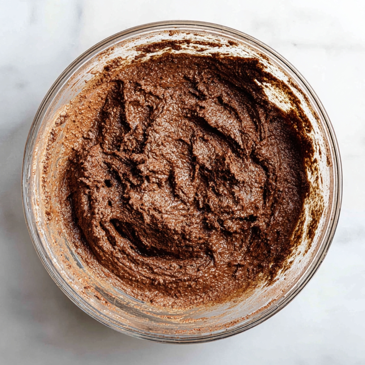 Best Chocolate Date Cake Recipe - Even Better Next Day 11 Top-down shot of thick chocolate cake batter in a glass bowl, rich brown color, visible texture, homemade baking scene, natural kitchen lighting.