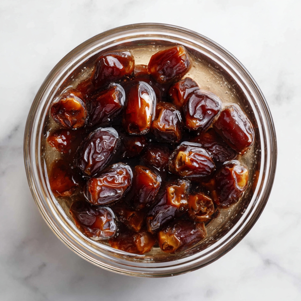 Best Chocolate Date Cake Recipe - Even Better Next Day 10 Overhead view of chopped dates soaking in hot water in a glass bowl, softened glossy dates, minimal white marble background, natural light.