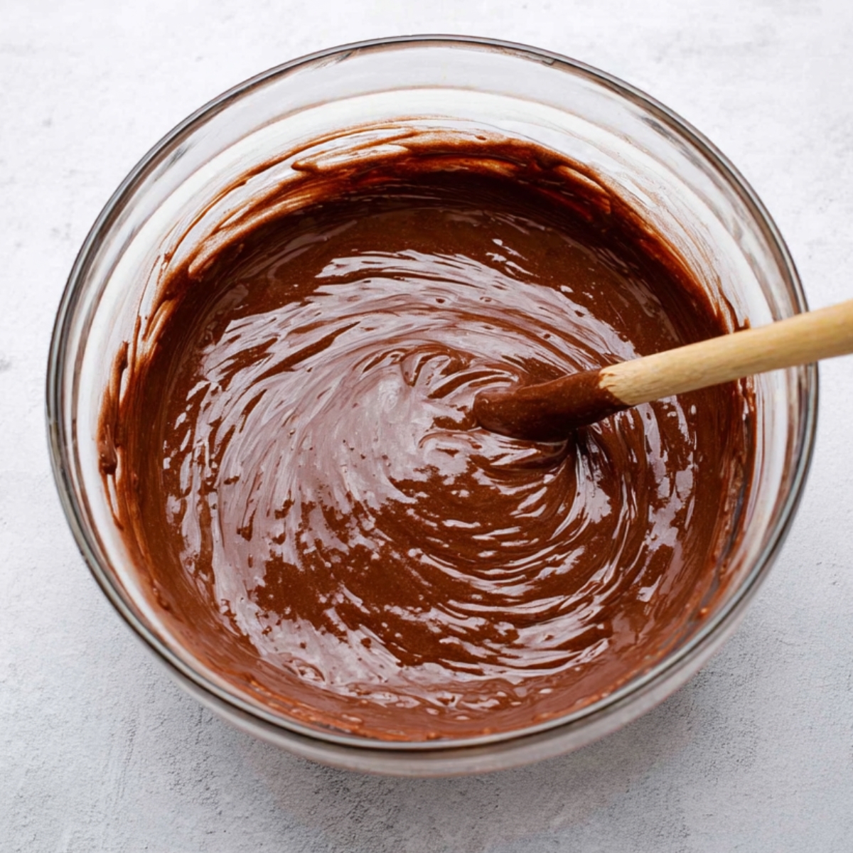 Easy Chocolate Mayonnaise Cake | 45-Minute Recipe 11 A glass mixing bowl containing smooth, glossy chocolate batter, with a wooden spoon gently stirring it.