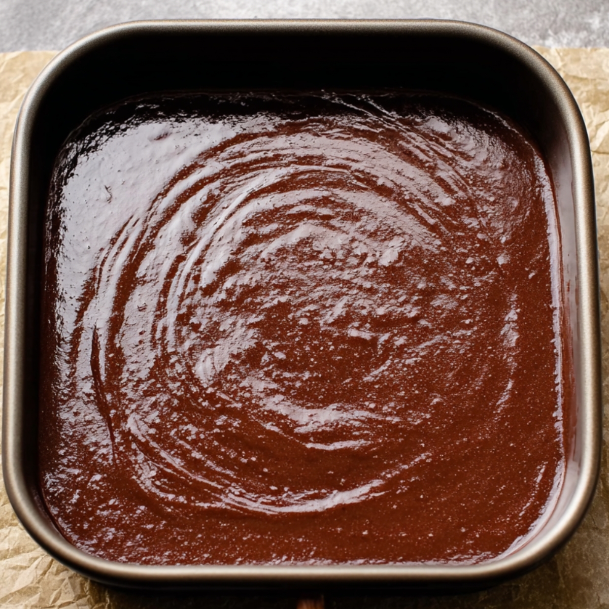 Easy Chocolate Mayonnaise Cake | 45-Minute Recipe 12 A pan filled with thick, glossy chocolate cake batter before baking, with a wooden spoon resting inside.