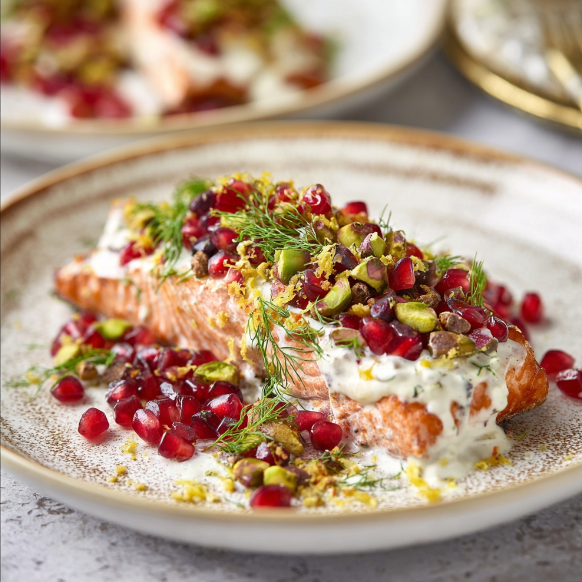 Christmas Salmon Recipe | Ready in 40 Minutes 13 “Close-up food photography of a baked salmon fillet served on a ceramic plate, topped with creamy yogurt sauce, pomegranate seeds, chopped pistachios, fresh dill, and lemon zest, soft natural daylight, shallow depth of field, elegant plated dish, bright airy background, gourmet healthy food styling.”