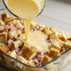 Overnight Eggs Benedict Casserole Recipe | Feeds 12 18 Creamy egg mixture being poured over cubed bread and diced ham in a glass baking dish during casserole preparation.