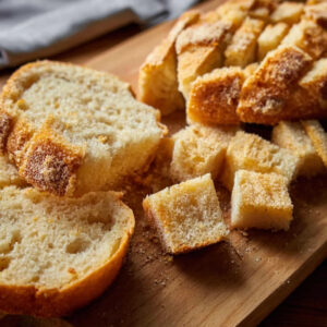 Overnight Eggs Benedict Casserole Recipe | Feeds 12 17 Sliced and cubed bread arranged on a wooden cutting board, showing golden crusts and soft interior, prepared for a breakfast casserole.