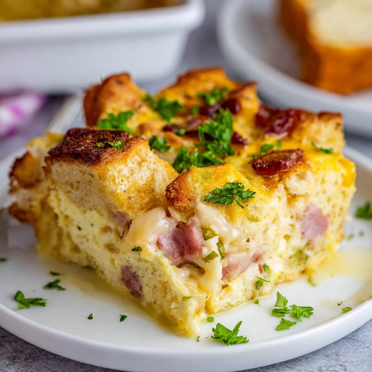 Overnight Eggs Benedict Casserole Recipe | Feeds 12 14 Slice of Eggs Benedict casserole served on a white plate, made with toasted bread cubes, ham, eggs, melted cheese, and garnished with fresh parsley.