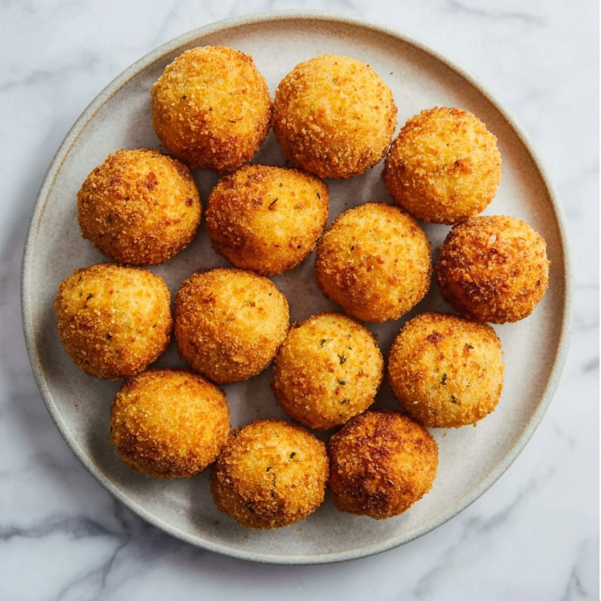Delicious Fried Rice Balls Recipe In 3 Steps 13 Golden crispy fried rice balls evenly arranged on a ceramic plate, top-down view, crunchy breadcrumb coating, warm golden color, clean marble background, natural daylight, professional food photography, sharp focus, realistic texture