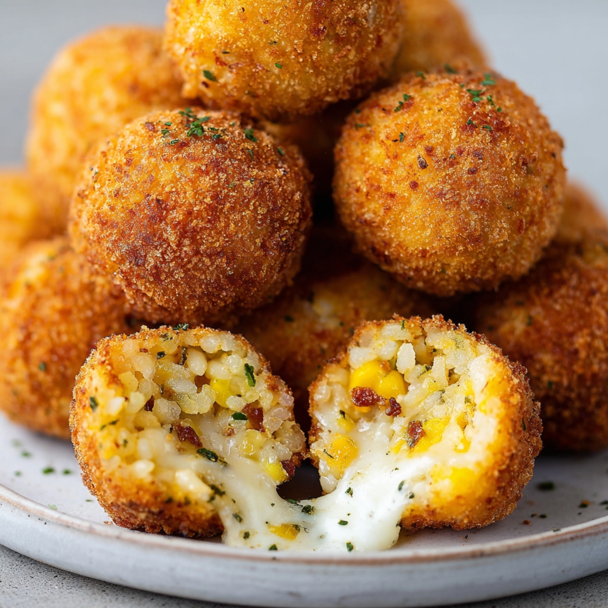 Delicious Fried Rice Balls Recipe In 3 Steps 14 Crispy fried rice balls stacked on a plate, one cut open revealing melted cheese and rice filling, golden crunchy crust, shallow depth of field, soft natural light, high-detail food photography, appetizing close-up shot