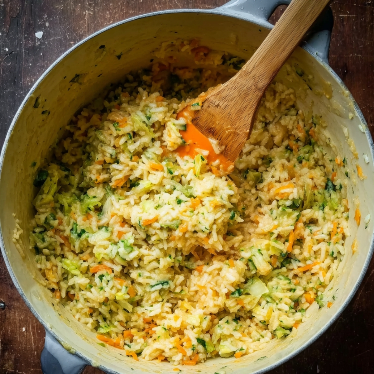 Delicious Fried Rice Balls Recipe In 3 Steps 10 Seasoned rice mixture with vegetables in a cooking pot, stirred with a silicone spatula, preparation step, overhead angle, rustic kitchen style, natural lighting, detailed texture, realistic cooking photography