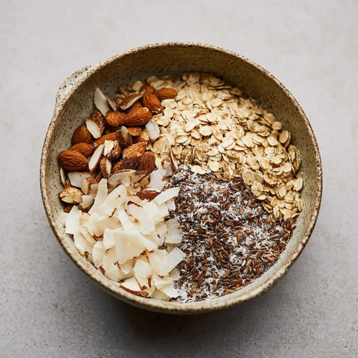 Easy Granola Recipe: Crunchy Clusters in Just 30 Minutes 10 Overhead view of a ceramic bowl filled with dry granola ingredients including rolled oats, sliced almonds, coconut flakes, and flax seeds, neutral background, clean food styling, natural light, minimal aesthetic