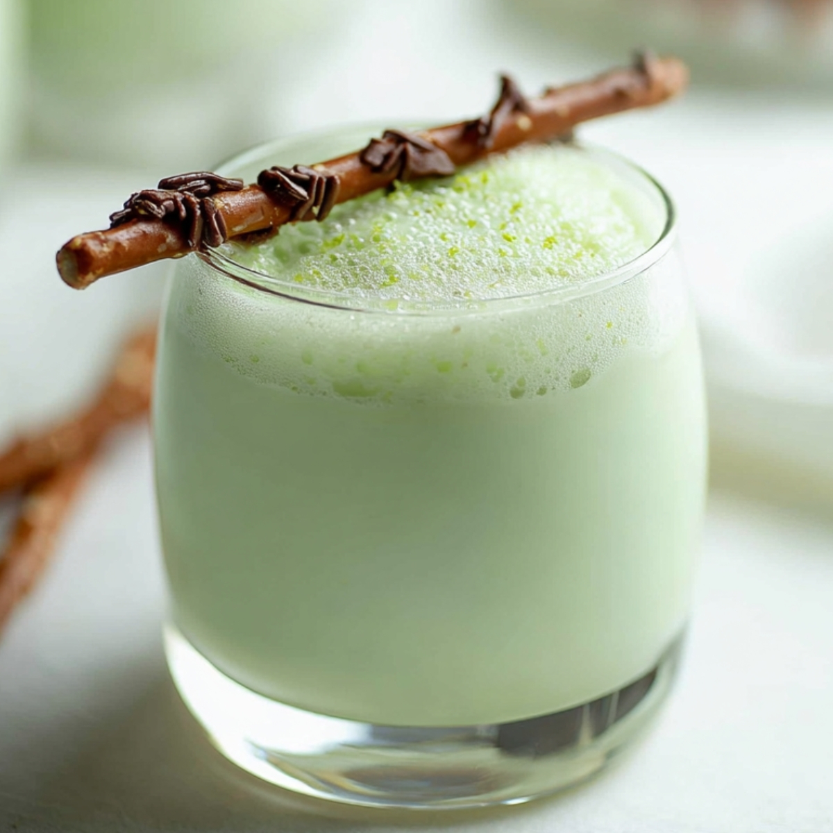 Grasshopper Drink Recipe | 4-Ingredient Frozen Cocktail 13 A creamy pale green grasshopper drink served in a short glass, topped with foam and garnished with a chocolate-covered pretzel stick.