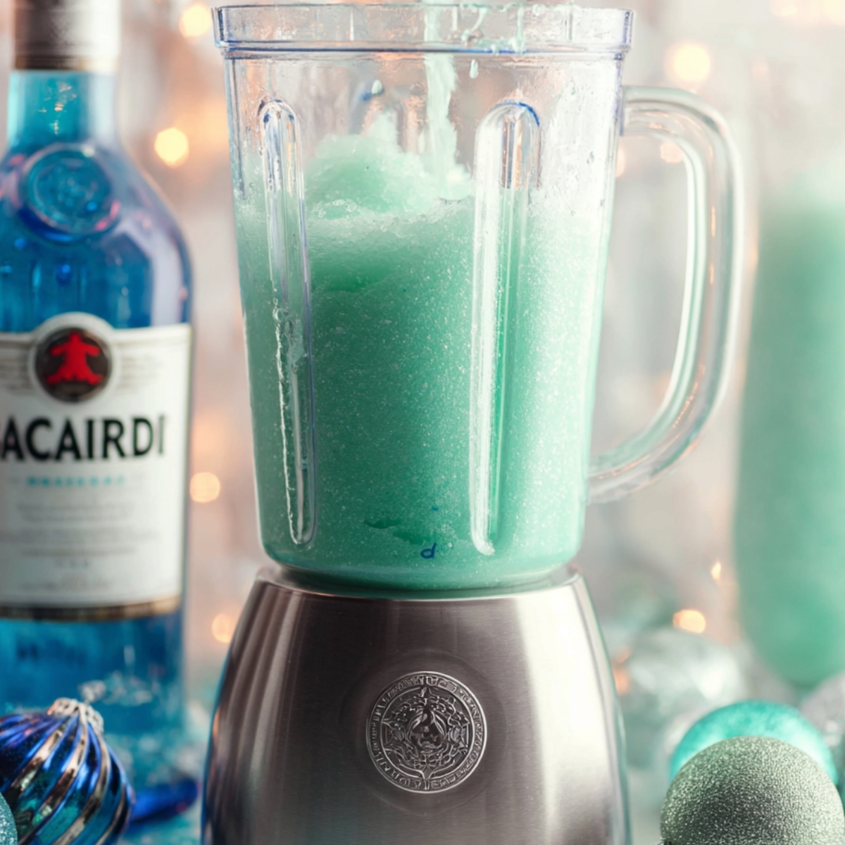 Jack Frost Cocktail Recipe | 5-Minute Frozen Drink 12 A blender with a turquoise-colored drink mixture inside, with Bacardi rum visible in the background and silver holiday decorations nearby.