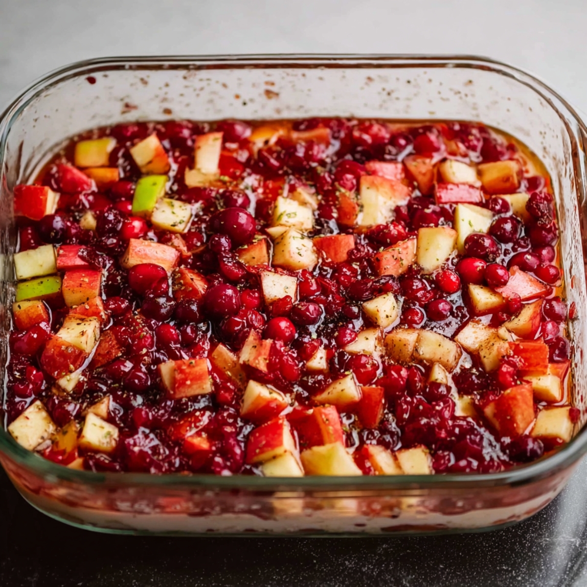 Jello Fruit Salad Recipe | Easy 10-Ingredient Classic 12 A glass baking dish with chopped apples, cranberries, and other ingredients, showing the mixed fruits soaking in their juices before being set to chill.