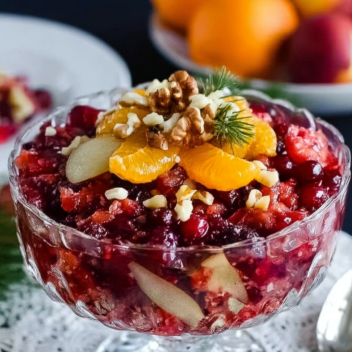 Jello Fruit Salad Recipe | Easy 10-Ingredient Classic 13 A beautifully presented fruit salad with cranberries, topped with orange slices, pear pieces, and chopped nuts in a clear glass bowl, perfect for a festive occasion.