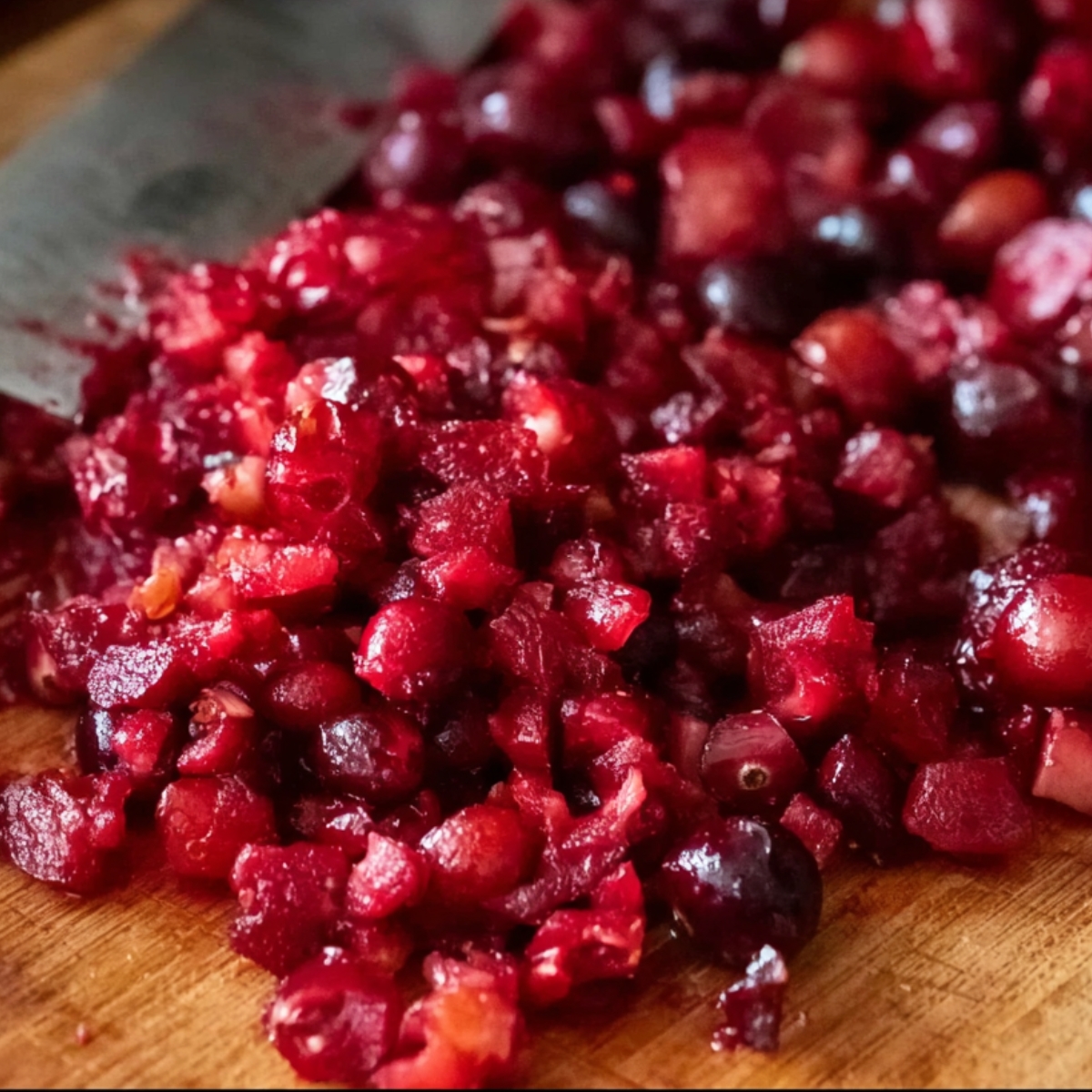 Jello Fruit Salad Recipe | Easy 10-Ingredient Classic 11 Close-up of freshly chopped cranberries on a cutting board, with the deep red fruit pieces scattered neatly, ready to be used in a recipe.