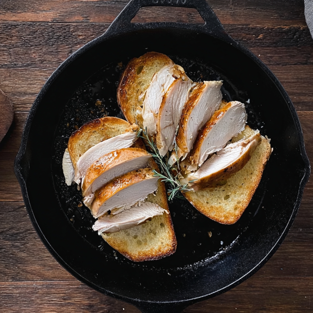 Kentucky Hot Brown Recipe - Easy & Ready in 30 Minutes 11 Overhead view of sliced roasted turkey arranged on toasted bread in a cast iron skillet on a rustic wooden surface