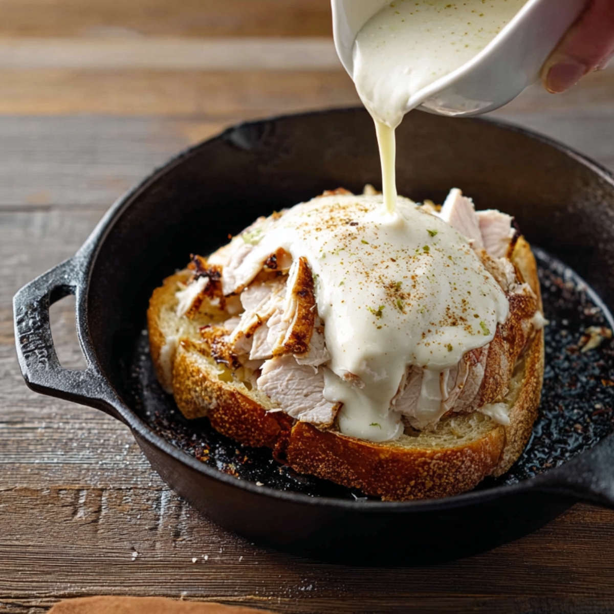 Kentucky Hot Brown Recipe - Easy & Ready in 30 Minutes 12 Creamy white sauce being poured over sliced turkey on toasted bread in a cast iron skillet during hot brown preparation