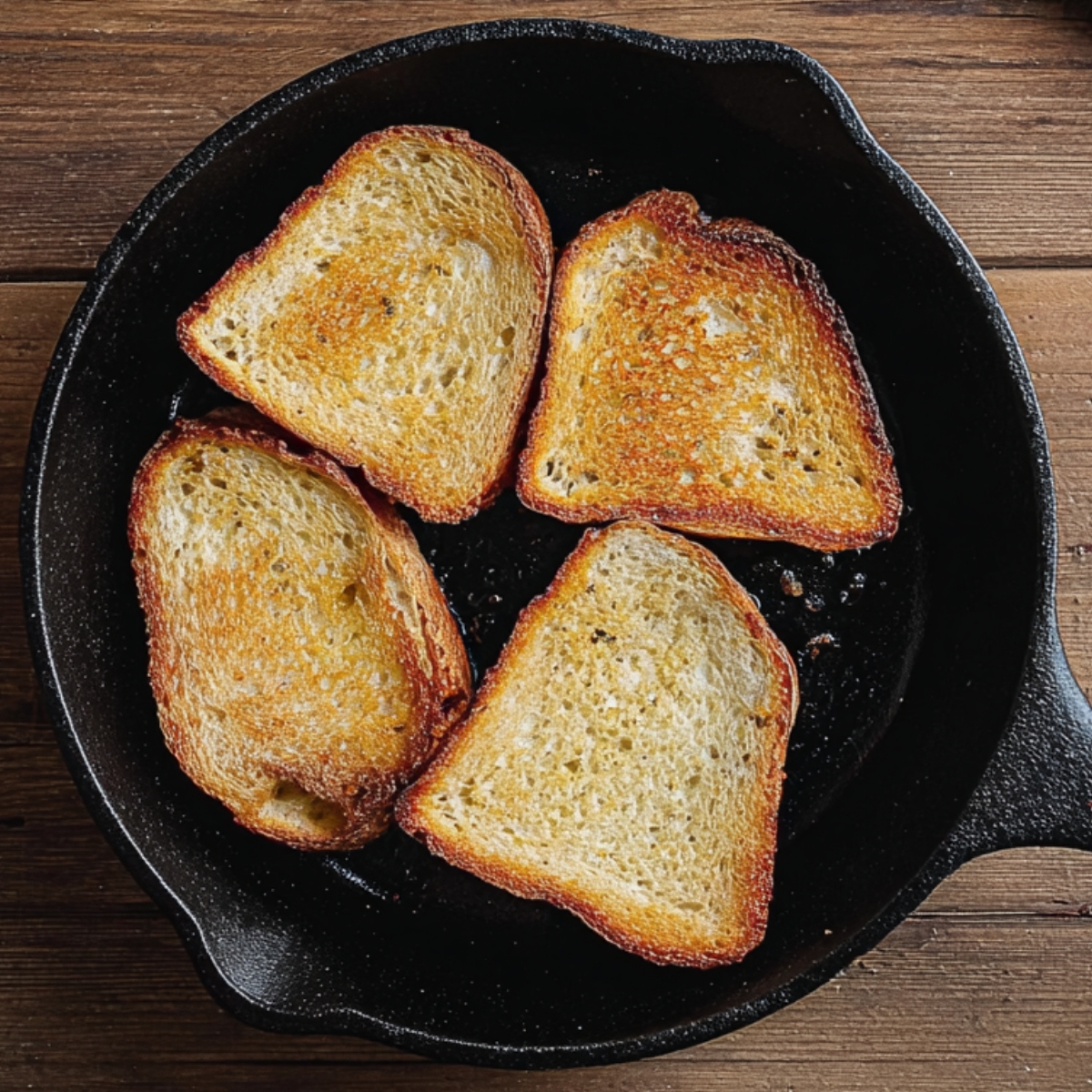 Kentucky Hot Brown Recipe - Easy & Ready in 30 Minutes 10 Top-down view of golden toasted bread slices arranged in a cast iron skillet on a wooden countertop