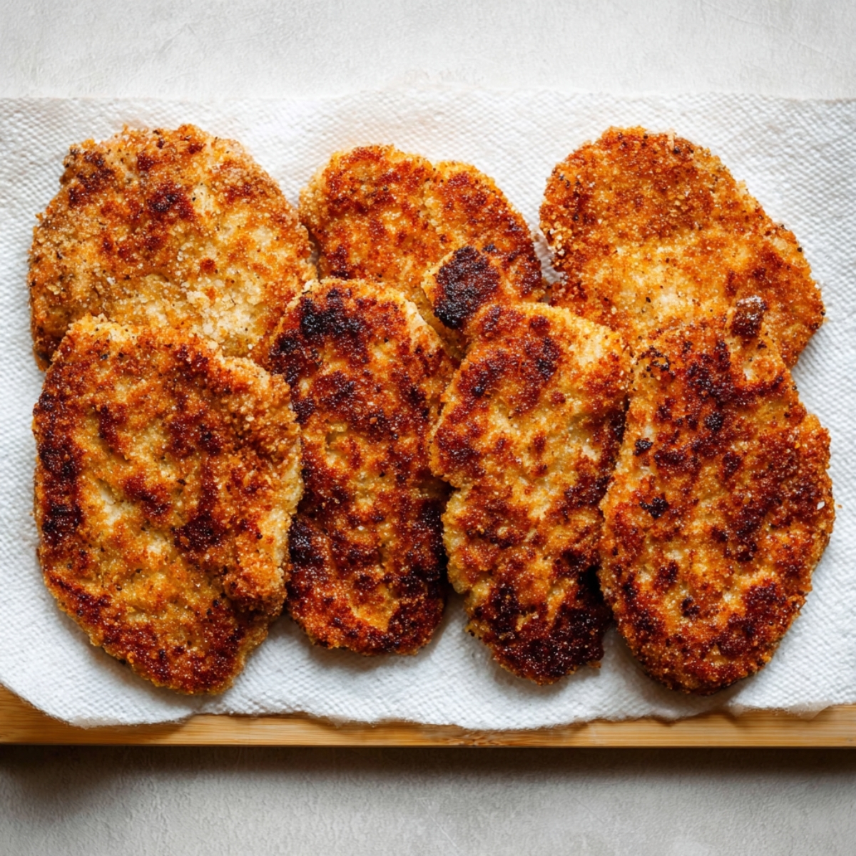 Easy Keto Chicken Parmesan Recipe 11 Golden crispy breaded chicken cutlets resting on paper towels after frying.