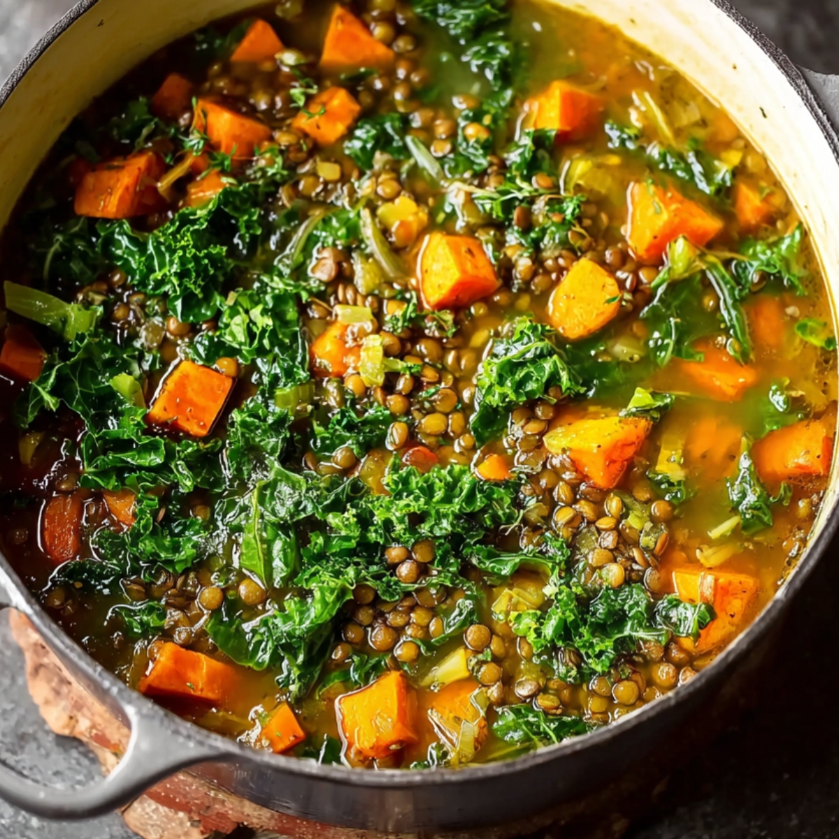 Best Lebanese Lentil Soup Recipe (Healthy & So Comforting!) 12 A hearty pot of Lebanese lentil soup with lentils, carrots, sweet potato, and kale simmering together, ready to be served