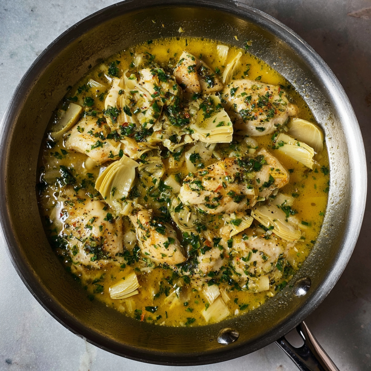 Healthy Lemon Artichoke Chicken Recipe | One-Pan Dinner 12 Chicken breasts in a skillet with artichoke hearts and herbs in a savory sauce.