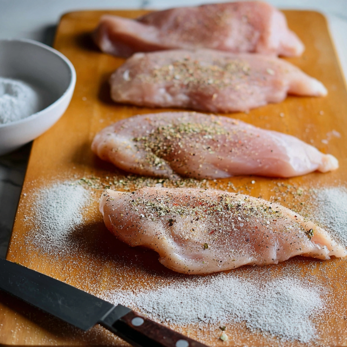 Healthy Lemon Artichoke Chicken Recipe | One-Pan Dinner 10 Raw chicken breasts seasoned with salt and pepper on a cutting board, ready for cooking