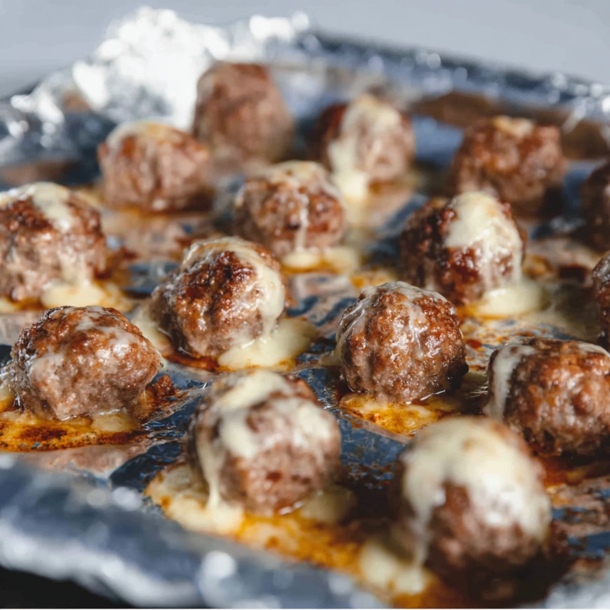 Easy Mozzarella Stuffed Meatballs | 8 Simple Steps (55 characters) 12 Oven-baked beef meatballs on a foil-lined baking tray, golden brown with melted cheese leaking from the bottom, rustic homemade style, natural light, shallow depth of field, food photography, high detail, 4k