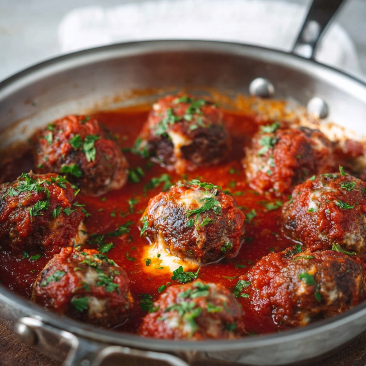 Easy Mozzarella Stuffed Meatballs | 8 Simple Steps (55 characters) 13 Mozzarella stuffed meatballs simmering in rich tomato sauce in a stainless steel skillet, Italian comfort food, fresh parsley garnish, warm lighting, realistic food photography, shallow depth of field