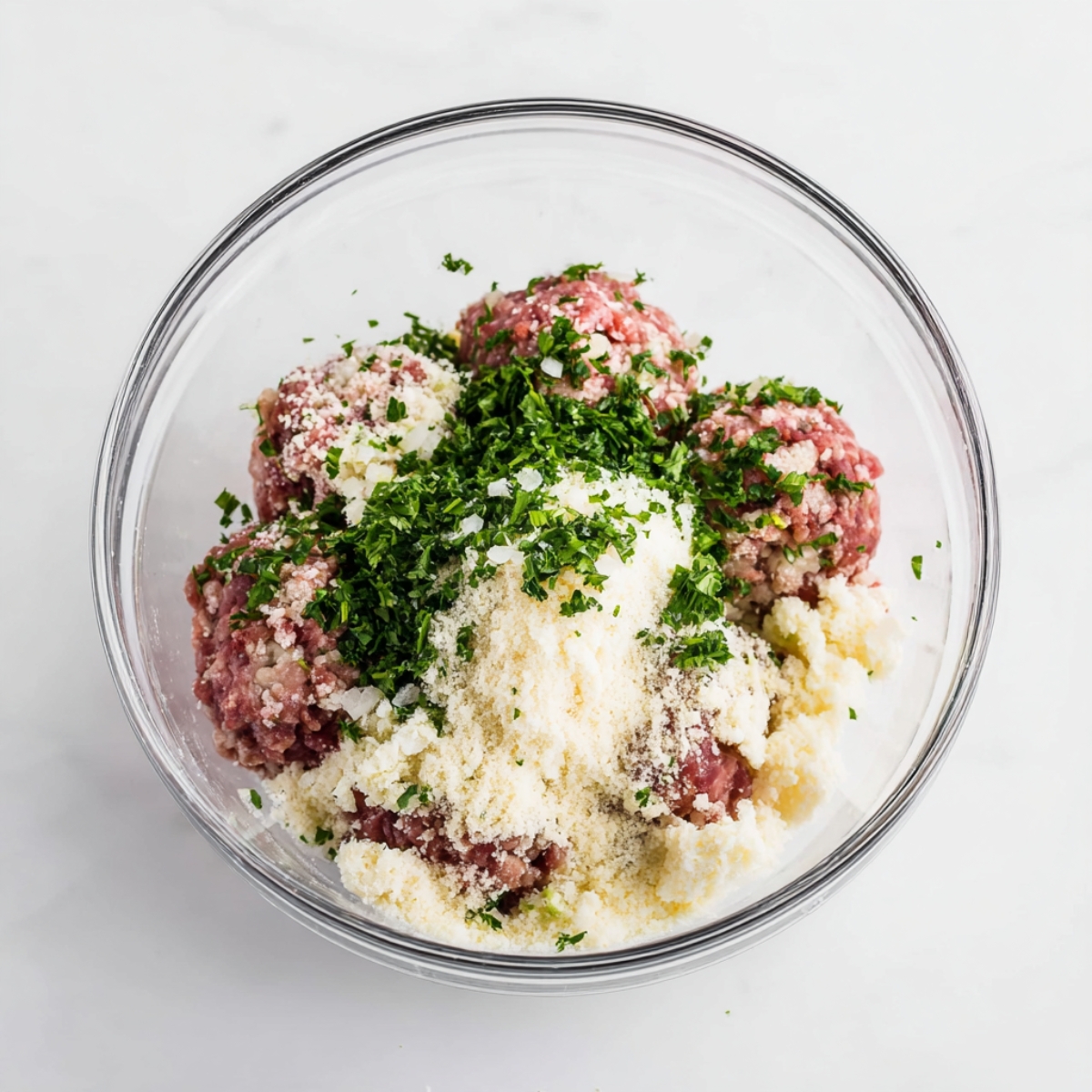 Easy Mozzarella Stuffed Meatballs | 8 Simple Steps (55 characters) 10 Raw meatball mixture in a glass bowl with ground beef, breadcrumbs, chopped onion, parsley and cheese, overhead food photography, bright natural light, clean white background, high detail