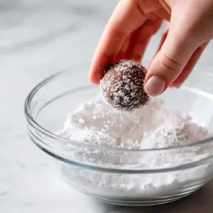 Nutella Crinkle Cookies Recipe | Soft & Fudgy 17 Hand rolling Nutella cookie dough ball in powdered sugar inside a glass bowl