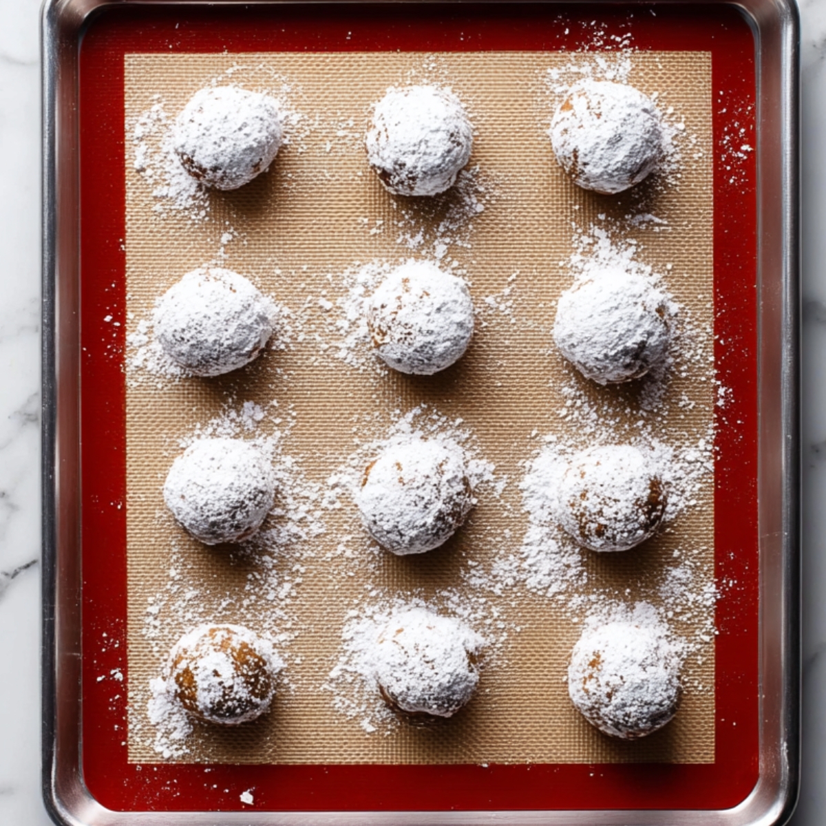 Nutella Crinkle Cookies Recipe | Soft & Fudgy 12 Nutella cookie dough balls rolled in powdered sugar arranged on a silicone baking mat