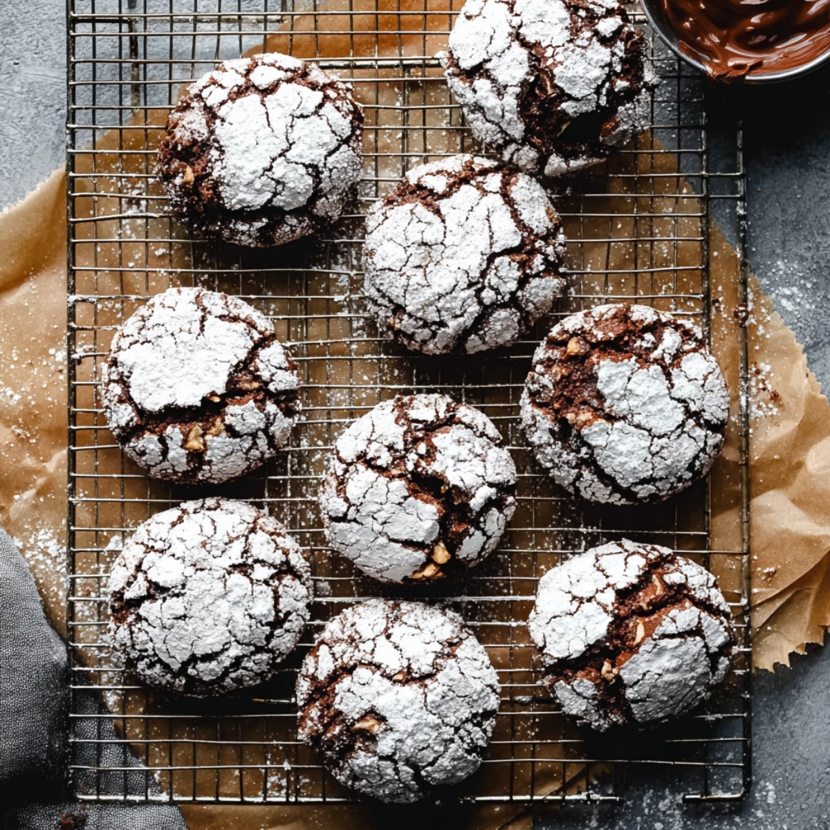 Nutella Crinkle Cookies Recipe | Soft & Fudgy 13 Nutella crinkle cookies cooling on a wire rack with cracked powdered sugar tops