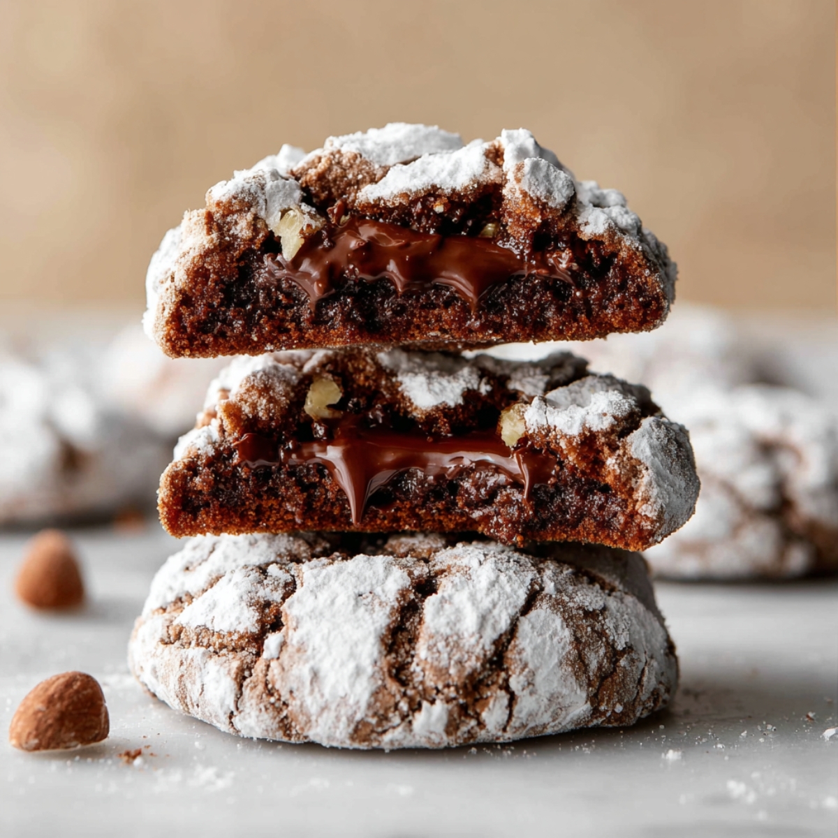 Nutella Crinkle Cookies Recipe | Soft & Fudgy 14 Nutella crinkle cookie cut in half showing melted chocolate center and powdered sugar coating