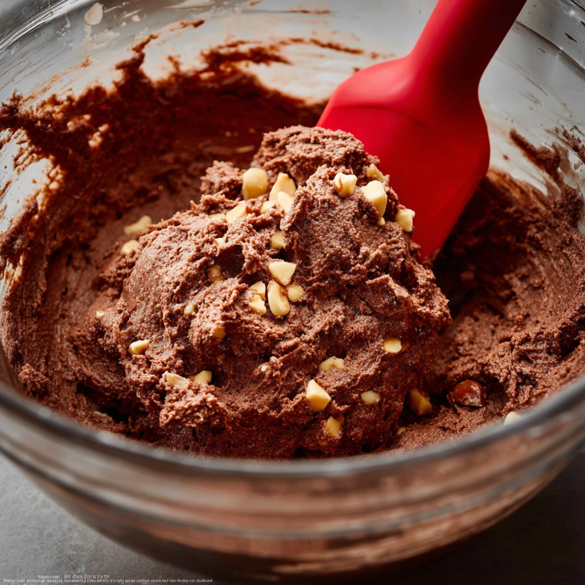 Nutella Crinkle Cookies Recipe | Soft & Fudgy 10 Nutella hazelnut cookie dough mixed in a glass bowl with chopped hazelnuts and spatula
