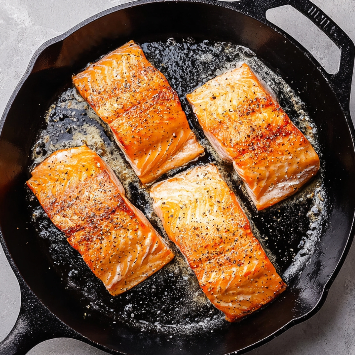 Orange Glazed Salmon Recipe | Ready in 25 Minutes 11 Salmon fillets searing in a cast iron skillet, lightly seasoned and browning on the surface.