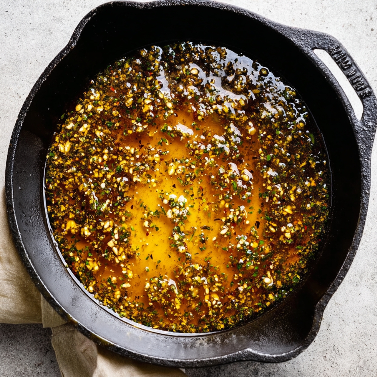 Orange Glazed Salmon Recipe | Ready in 25 Minutes 12 Orange garlic glaze simmering in a cast iron skillet with chopped garlic and herbs.