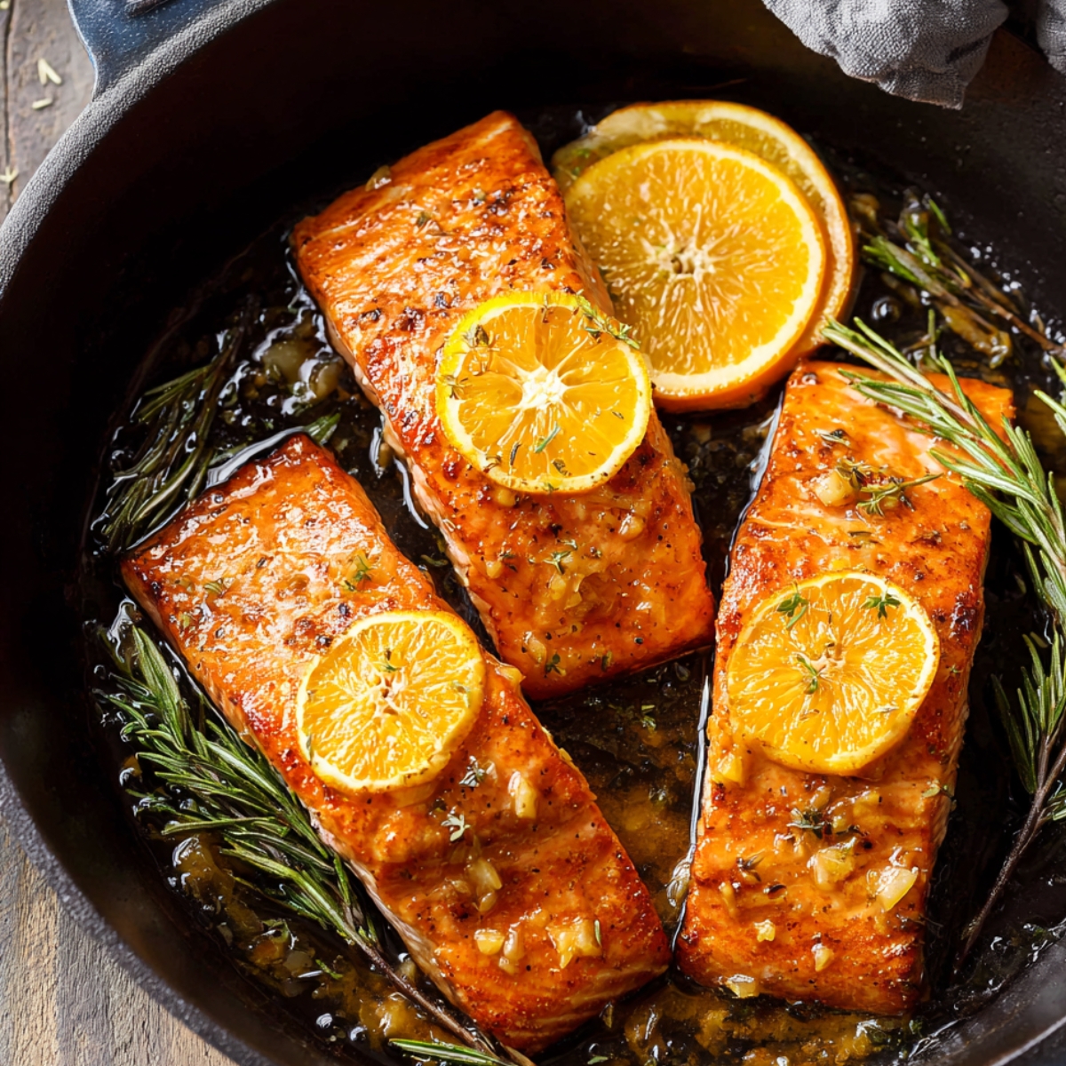 Orange Glazed Salmon Recipe | Ready in 25 Minutes 13 Salmon fillets cooking in a cast iron skillet with a glossy orange garlic glaze, fresh rosemary, and orange slices.