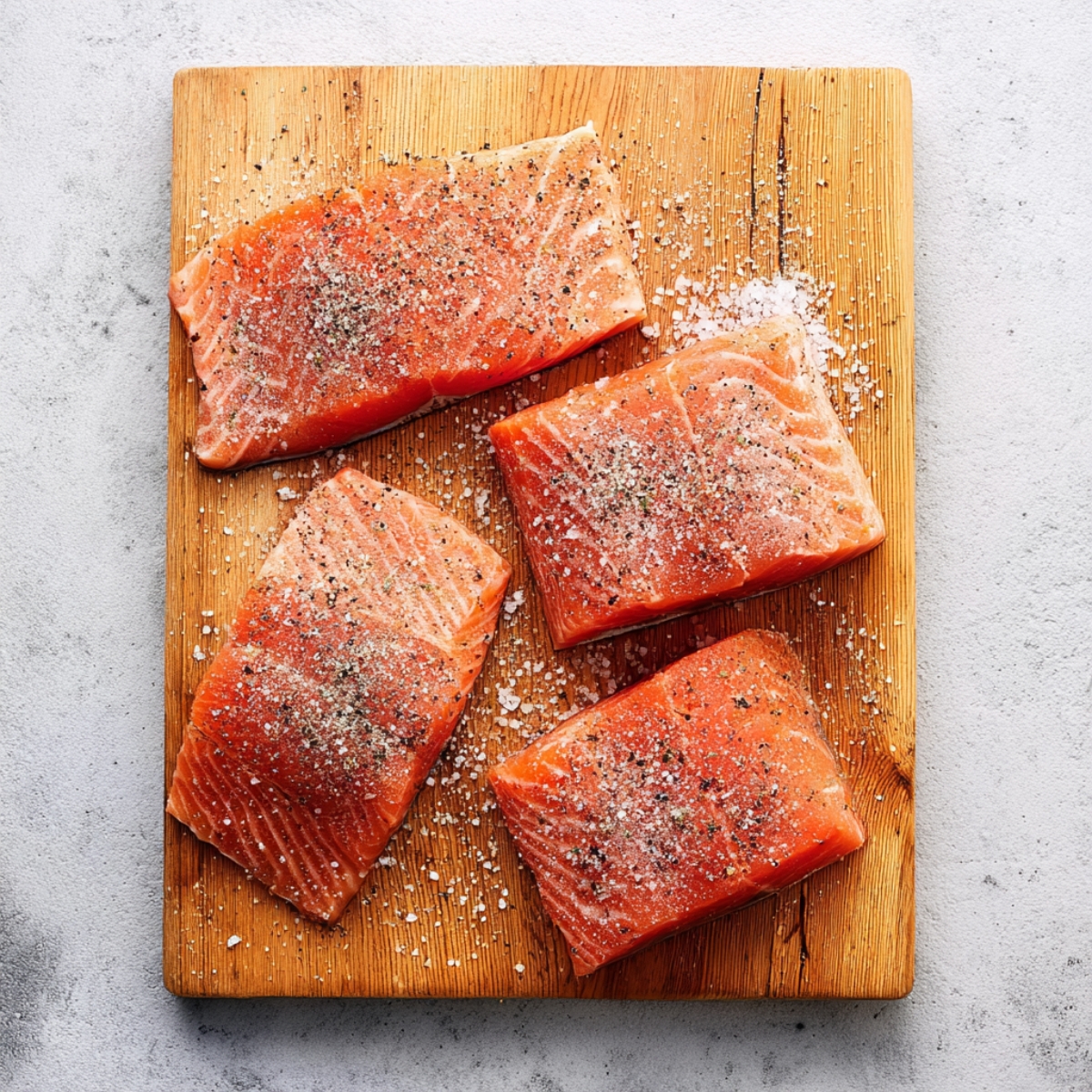 Orange Glazed Salmon Recipe | Ready in 25 Minutes 10 Raw salmon fillets seasoned with salt and black pepper on a wooden cutting board.