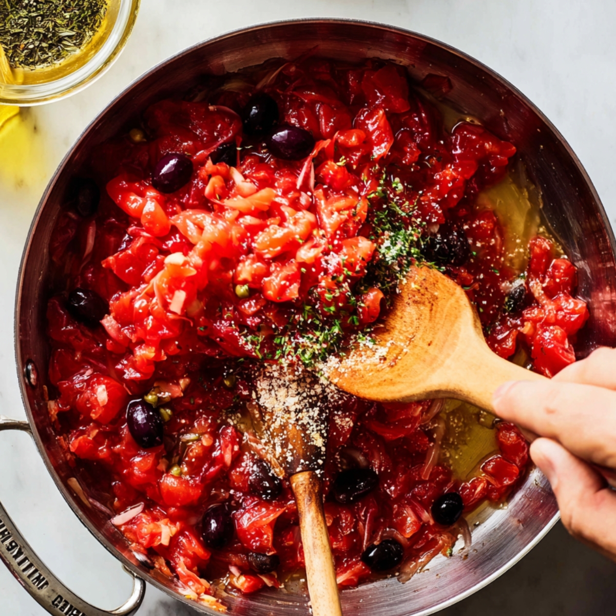 Pasta Puttanesca Recipe | Quick & Easy in 30 Minutes 11 “Crushed tomatoes being poured into a pan with sautéed onions, olives, capers, and garlic, with a wooden spoon stirring the sauce.”