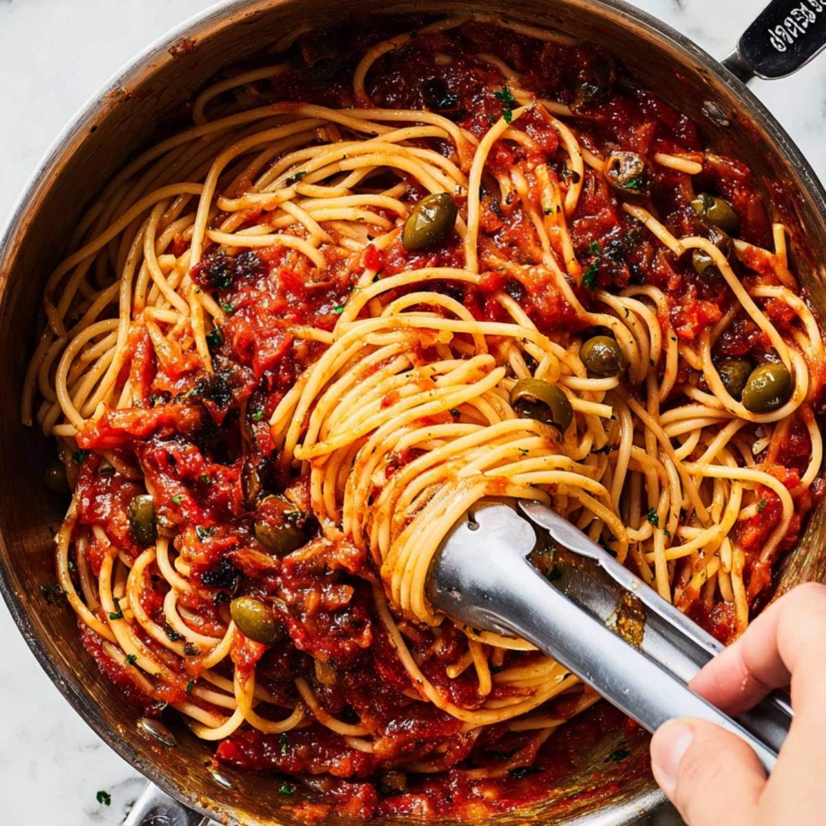 Pasta Puttanesca Recipe | Quick & Easy in 30 Minutes 12 “Spaghetti being tossed with a rich tomato puttanesca sauce in a stainless-steel pan, mixed with metal tongs, with visible olives and capers.”