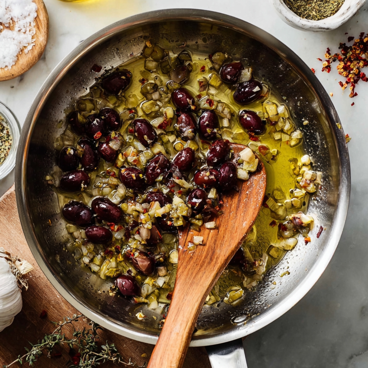Pasta Puttanesca Recipe | Quick & Easy in 30 Minutes 10 “Sautéed kalamata olives, capers, onions, and garlic in olive oil inside a stainless-steel pan, with a wooden spoon resting on top.