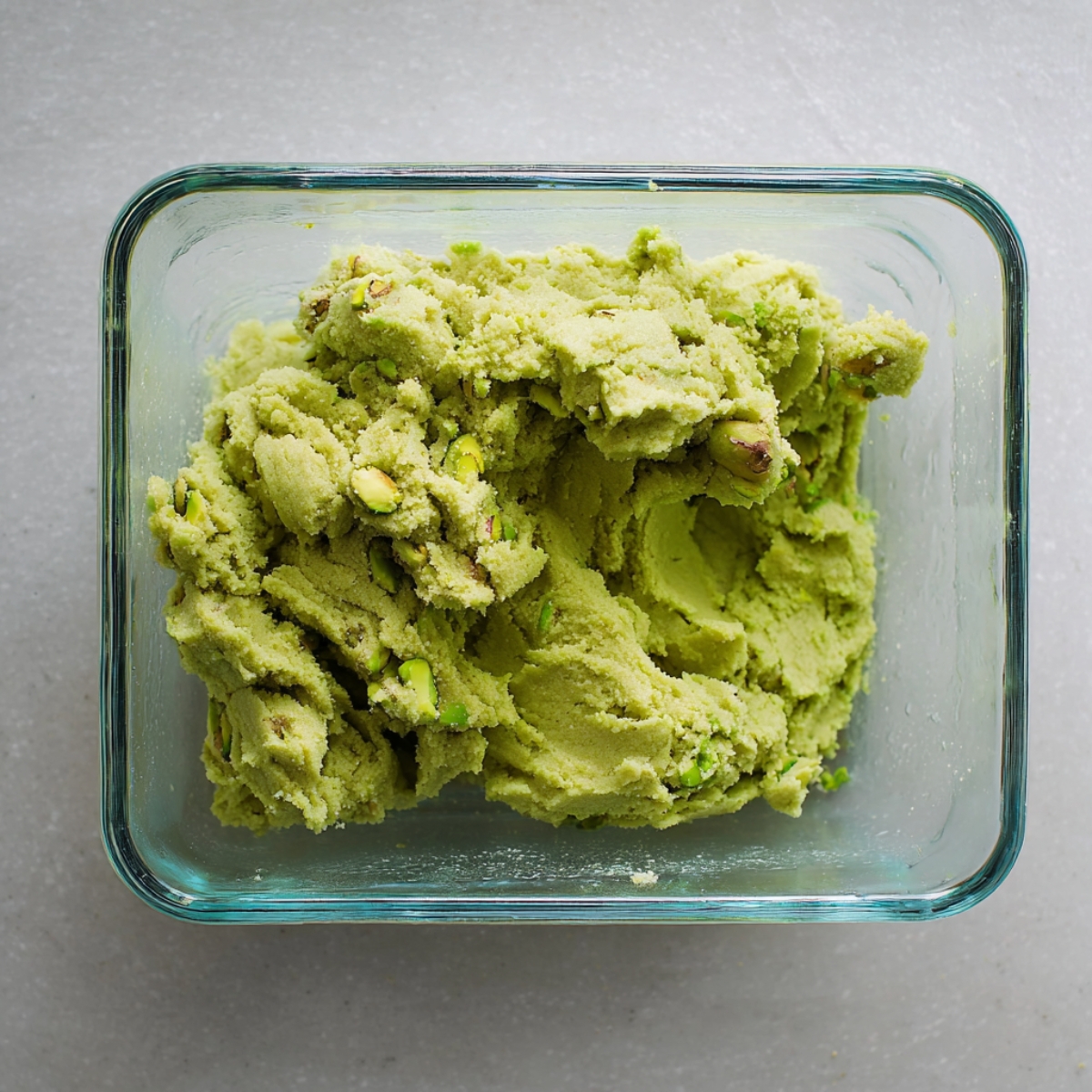 Easy Pistachio Cookie Bars | 40-Minute Dessert Recipe 10 Overhead shot of raw pistachio cookie dough placed in a glass baking dish, chunky uneven texture, vibrant pistachio-green color, neutral stone countertop, natural light, authentic homemade baking preparation photography.
