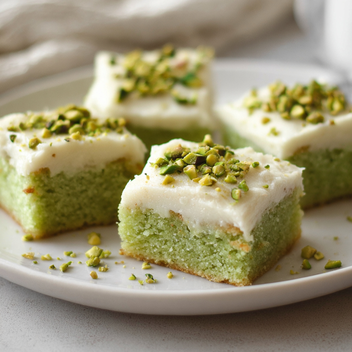 Easy Pistachio Cookie Bars | 40-Minute Dessert Recipe 13 Close-up of pistachio cookie bars cut into squares on a white plate, soft green interior with creamy white frosting on top, sprinkled chopped pistachios, natural window light, shallow depth of field, elegant homemade dessert photography, cozy and minimal styling.