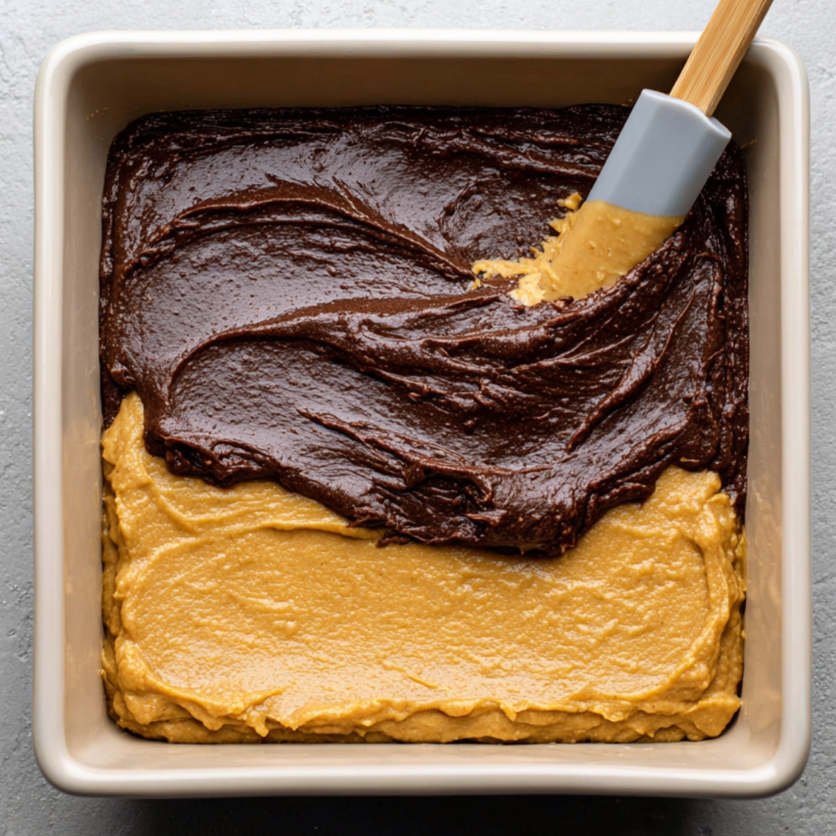 Delicious Pumpkin Brownies Recipe 12 "Spreading chocolate brownie batter over a smooth layer of pumpkin mixture in a square baking dish, ready to be baked."
