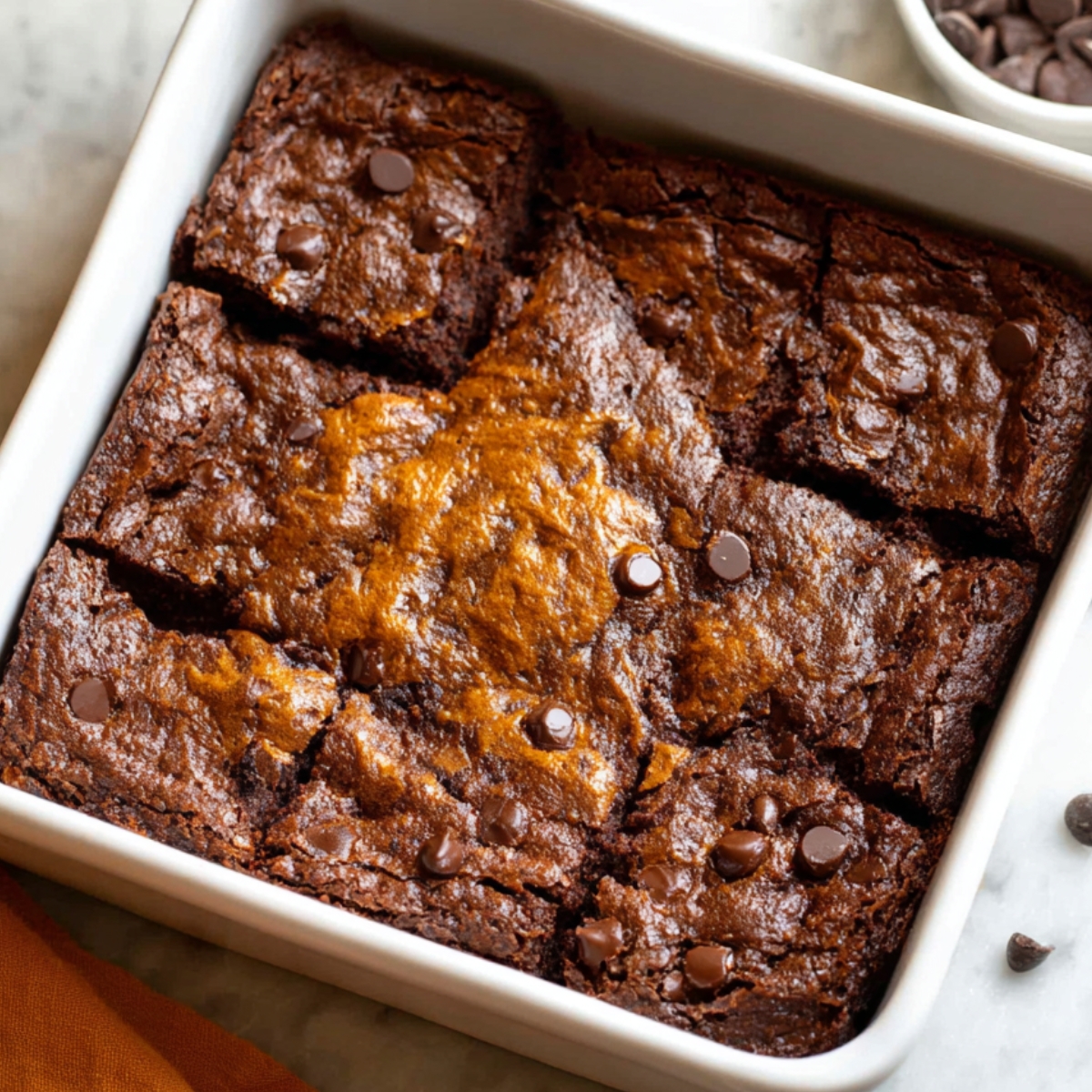 Delicious Pumpkin Brownies Recipe 13 "Baked pumpkin brownies in a square dish, showing a rich, crackled top and fudgy texture, with chocolate chips visible throughout."