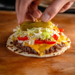 Smash Burger Tacos Recipe | Crispy & Easy in Minutes 18 A hand placing pickles onto a flatbread with a cooked beef patty, melted cheese, shredded lettuce, and red bell peppers, preparing a smash burger taco.