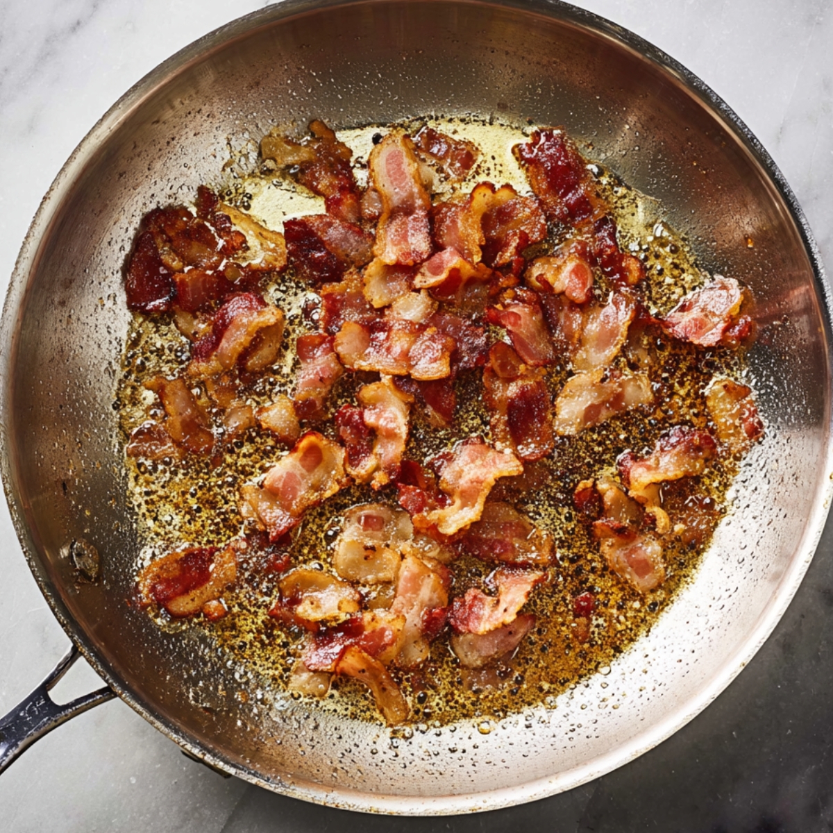Easy Spaghetti Carbonara Recipe 10 Crispy bacon pieces cooking in a stainless steel skillet with rendered fat.